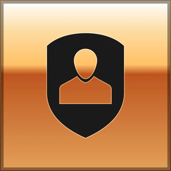 Zwarte gebruiker bescherming pictogram geïsoleerd op gouden achtergrond. Secure gebruikerslogin, wachtwoord beschermd, de bescherming van persoonsgegevens, authenticatie pictogram. Vectorillustratie — Stockvector