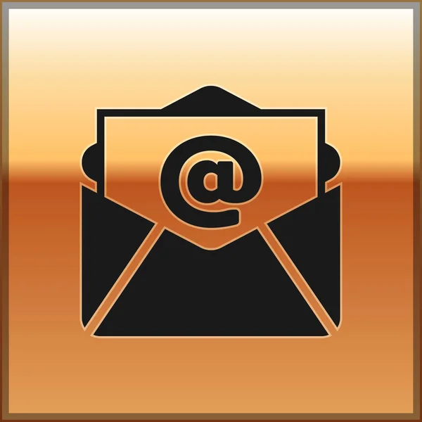 Černá Mail a e-mailu ikona izolované na zlatém podkladu. Obálka symbolu e-mailu. Elektronická informační tabule. Vektorové ilustrace — Stockový vektor