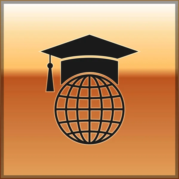 Casquette de graduation noire sur icône globe isolé sur fond doré. Symbole mondial de l'éducation. Concept d'apprentissage en ligne ou d'apprentissage en ligne. Illustration vectorielle — Image vectorielle