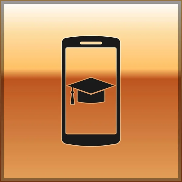黑色毕业帽在屏幕上的智能手机图标隔离在黄金背景。在线学习或电子学习概念。矢量插图 — 图库矢量图片