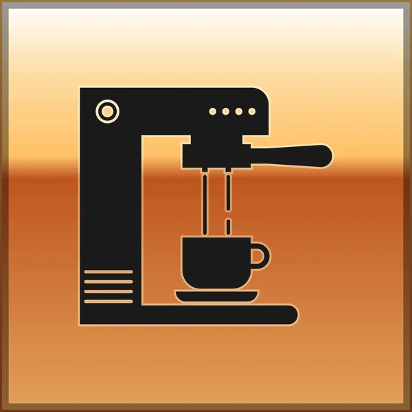 Schwarze Kaffeemaschine und Kaffeetassen-Symbol isoliert auf goldenem Hintergrund. Vektorillustration — Stockvektor