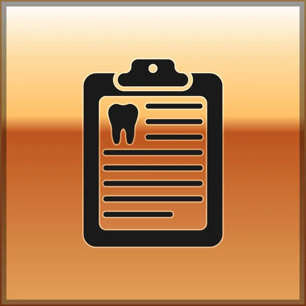 歯科カードまたはゴールドの背景に分離された患者の医療記録のアイコンと黒クリップボード。歯科保険。歯科医院レポート。ベクトル図 — ストックベクタ