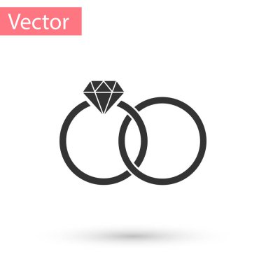Gri düğün yüzük simgesi beyaz arka plan üzerinde izole. Gelin ve damat takı işareti. Evlilik kutsal kişilerin resmi. Elmas yüzük. Vektör çizim