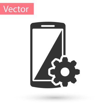Smartphone ekran simgesi beyaz arka planda gri ayarı. Cep telefonu ve dişli oturum açın. App ayarlama, seçeneklerini ayarlama, onarım, tamir telefon kavramları. Vektör çizim