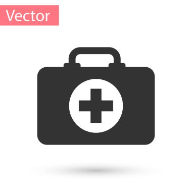 Gri ilk yardım çantası simgesi beyaz arkaplanda izole edildi. Haçlı sağlık kutusu. Acil durumlar için tıbbi ekipman. Sağlık sigortası konsepti. Vektör İllüstrasyonu