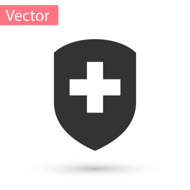 Beyaz arka plan üzerinde izole simgesi çapraz gri tıbbi kalkan ile. Sağlık koruma kavramı. Emanet rozet simge. Gizlilik afiş. Güvenlik etiketi. Vektör çizim