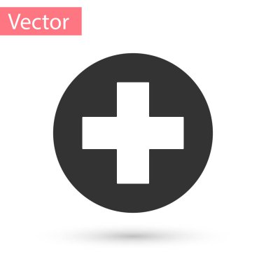 Gri tıbbi çapraz daire simgesi beyaz arka plan üzerinde izole. İlk yardım sağlık sembol. Vektör çizim