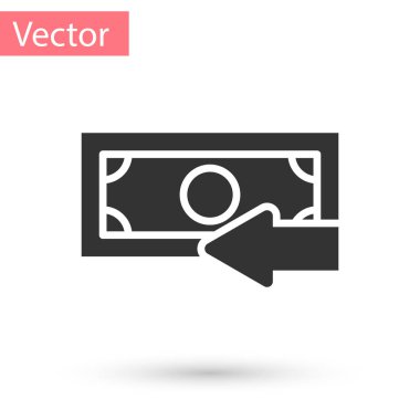 Gri nakit beyaz arka plan üzerinde izole simgesini geri. Finansal Hizmetler, para iadesi, geri yatırım, tasarruf hesabı, Döviz Alım Satım. Vektör çizim
