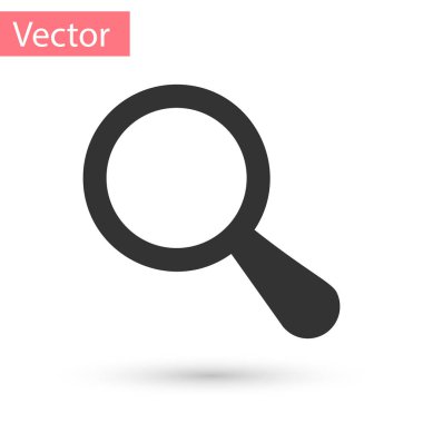 Beyaz arka planda gri büyüteç simgesi izole edildi. Arama, odaklanma, yakınlaştırma, iş sembolü. Vektör İllüstrasyonu