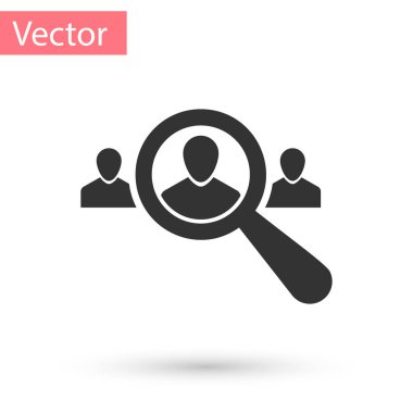 Arama bir kişi simgesi beyaz arka planda gri büyütme oldi. İşe Alım veya seçimi kavramı. Çalışanlar ve iş, insan kaynakları için arama. Vektör çizim