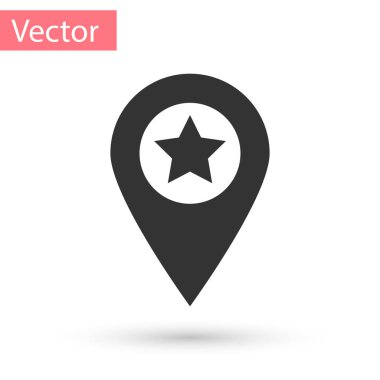 Yıldız simgesi beyaz arka plan üzerinde izole ile gri harita işaretçi. Yıldız favori PIN harita simgesi. İşaretleyicileri göster. Vektör çizim