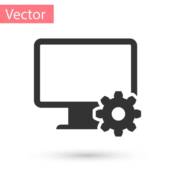 Icona dell'ingranaggio del monitor del computer grigio isolata su sfondo bianco. Regolazione app, opzioni di impostazione, manutenzione, riparazione, fissaggio concetti di monitor. Illustrazione vettoriale — Vettoriale Stock