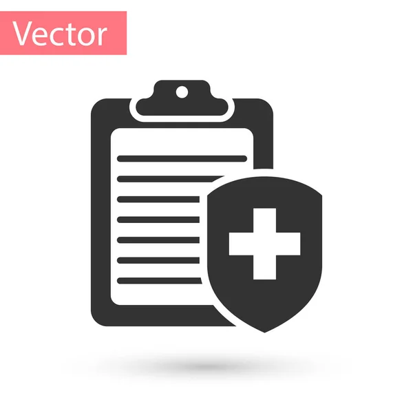 Portapapeles gris con icono de seguro médico aislado sobre fondo blanco. Protección al paciente. Portapapeles y escudo con una cruz como símbolo de seguro. Ilustración vectorial — Vector de stock