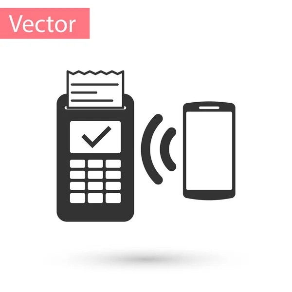 Grey POS terminal with printed reciept and confirms the payment by smartphone icon isolated on white background. NFC payment concept. Vector Illustration — Stock Vector