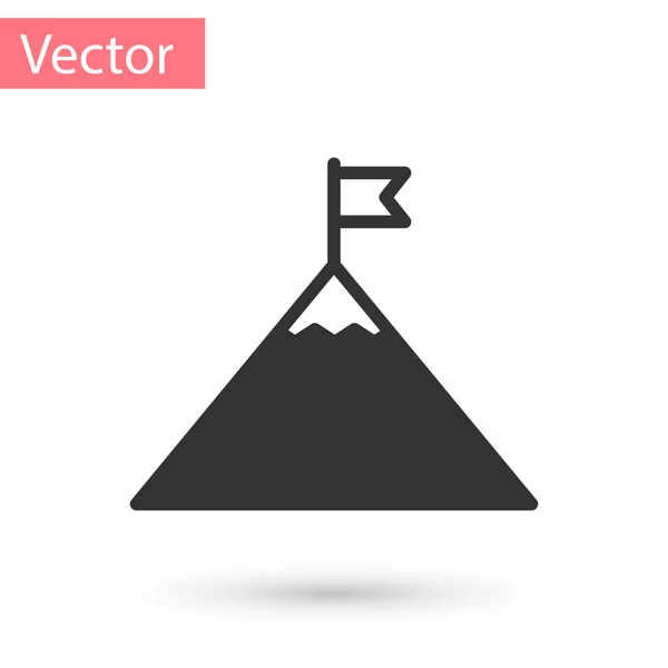 Montañas grises y bandera en el icono superior aislado sobre fondo blanco. Símbolo de victoria o concepto de éxito. Ilustración vectorial — Vector de stock