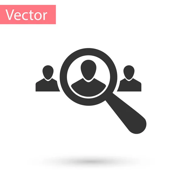Grå förstorande glas för Sök en personer-ikon på vit bakgrund. Rekrytering eller val av koncept. Sök efter anställda och jobb, mänskliga resurser. Vektorillustration — Stock vektor
