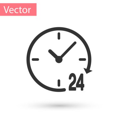 Gri Saat 24 saat simgesi beyaz arkaplanda izole edildi. Tüm gün döngü simgesi. 24 saat hizmet sembolü. Vektör İllüstrasyonu