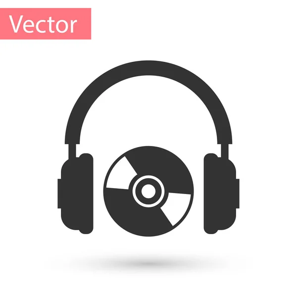 Fones de ouvido cinza e ícone de CD ou DVD isolado no fundo branco. Sinal de fone de ouvido. Símbolo de disco compacto. Ilustração vetorial — Vetor de Stock