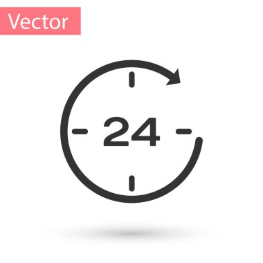 Gri Saat 24 saat simgesi beyaz arkaplanda izole edildi. Tüm gün döngü simgesi. 24 saat hizmet sembolü. Vektör İllüstrasyonu