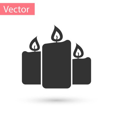 Beyaz arka plan üzerinde izole gri yanan mum kutsal kişilerin resmi. Eski moda mumlar yaktı. Silindirik aromatik mum alevler yanan ile sopa. Vektör çizim