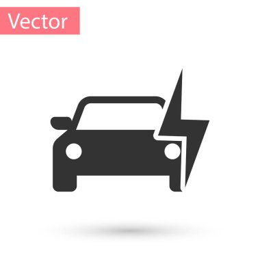 Gri elektrikli otomobil ve elektrik kablosu şarj simgesi beyaz arka plan üzerinde izole takın. Yenilenebilir çevre teknolojileri. Vektör çizim
