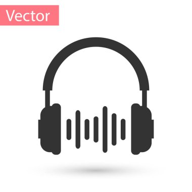 Kulaklık ve ses dalgaları simgesi beyaz arka planda gri. Kulaklık işareti. Müzik, hizmet, iletişim ve operatör için dinlemek için kavramı nesne. Vektör çizim