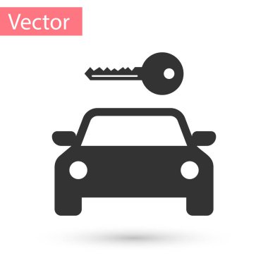 Gri araba kiralama simgesi beyaz arka plan üzerinde izole. Bir araba işaret kira. Araba ile anahtar. Konsept otomobil tamir servisi için yedek parça deposu. Vektör çizim