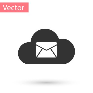 Gri bulut posta sunucusu simgesi beyaz arka plan üzerinde izole. Bulut sunucu barındırma için e-posta. Online Mesaj Servisi. Posta kutusu işareti. Vektör çizim