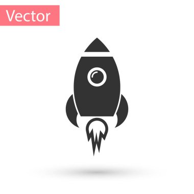 Beyaz arka plan üzerinde izole yangın simgesi olan gri roket gemisi. Uzay yolculuğu. Vektör çizim