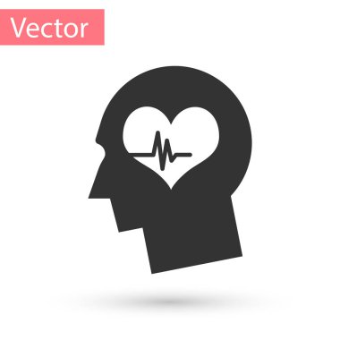 Gri erkek baş beyaz arka plan üzerinde izole kalp atışı simgesi içeren. Kafa ile ruh sağlığı, sağlık ve tıbbi işareti. Vektör çizim