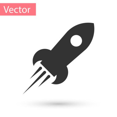 Beyaz arka plan üzerinde izole yangın simgesi olan gri roket gemisi. Uzay yolculuğu. Vektör çizim