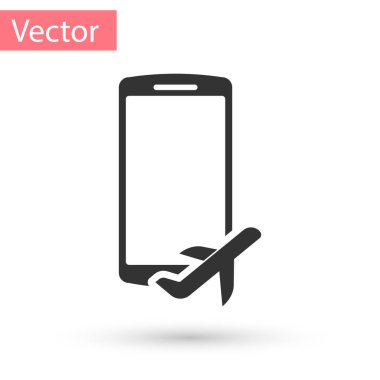 Beyaz arka plan üzerinde izole hareket eden telefon simgesi gri uçuş modunda. Uçak veya uçak uçuş çevrimdışı modda yolcu yönetmelik havayolu. Vektör çizim
