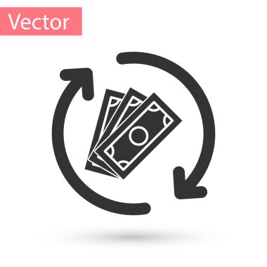 Beyaz arka plan üzerinde izole para simgesi gri iade. Finansal Hizmetler, nakit geri kavramı, para iadesi, yatırım, tasarruf hesabı dönüş. Vektör çizim