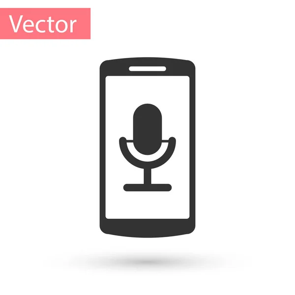 Gris Icono de grabación móvil aislado sobre fondo blanco. Teléfono móvil con micrófono. Interfaz de teléfono inteligente aplicación grabadora de voz. Ilustración vectorial — Vector de stock