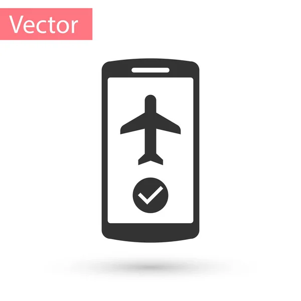 Modo de vuelo gris en el icono del teléfono móvil aislado sobre fondo blanco. Avión o avión vuelo fuera de línea modo aerolínea de regulación de pasajeros. Ilustración vectorial — Vector de stock