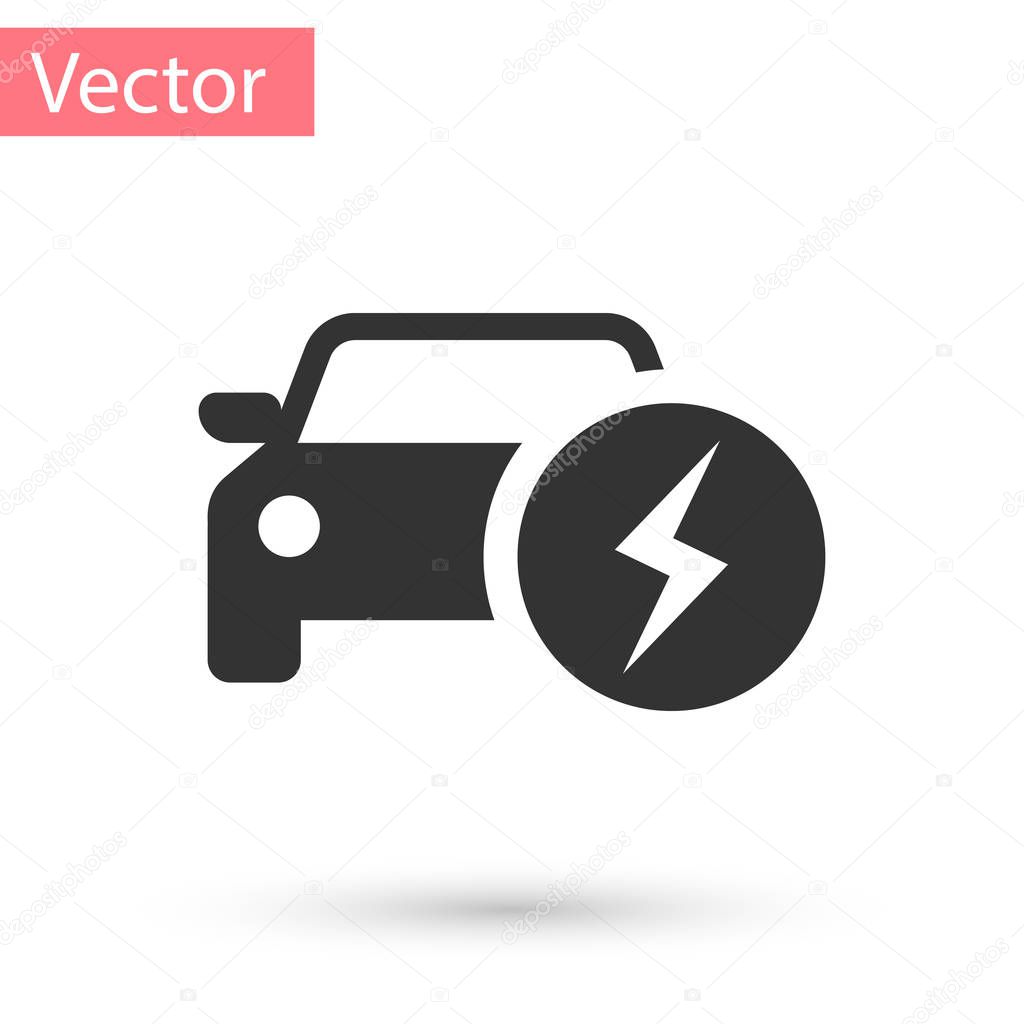 Grey Electric car and electrical cable plug charging icon isolated on white background. Renewable eco technologies. Vector Illustration