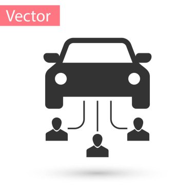 Gri araba beyaz arka plan üzerinde izole kişi simgesi grup ile paylaşımı. Carsharing işareti. Taşıma kiralama hizmet anlayışı. Vektör çizim