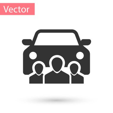 Gri araba beyaz arka plan üzerinde izole kişi simgesi grup ile paylaşımı. Carsharing işareti. Taşıma kiralama hizmet anlayışı. Vektör çizim