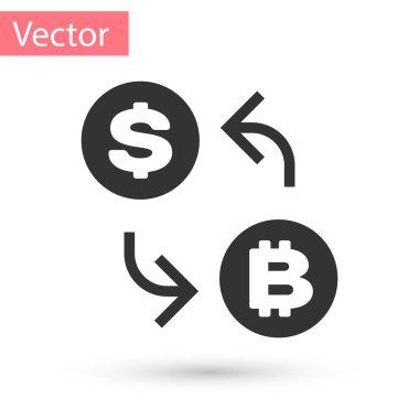 Gri Cryptocurrency Satım simgesi beyaz arka plan üzerinde izole. Bitcoin dolar döviz simgesi. Cryptocurrency teknolojisi, mobil bankacılık. Vektör çizim
