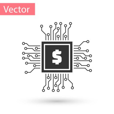Beyaz arka plan üzerinde izole dolar simgesi olan gri işlemci yongası. CPU, merkezi işlem birimi, miniyonga, microcircuit, bilgisayar işlemcisi, chip. Vektör çizim