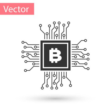 Beyaz arka plan üzerinde izole gri Cpu incelemesi çiftlik kutsal kişilerin resmi. İşlemci içinde Bitcoin işareti. Cryptocurrency araştırma topluluk. Dijital para. Vektör çizim