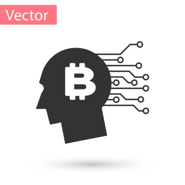 Gri Bitcoin simgesi beyaz arka plan üzerinde izole düşünüyorum. Cryptocurrency kafa. Blockchain teknoloji, bitcoin, dijital para piyasası, cryptocoin m-cüzdan. Vektör çizim