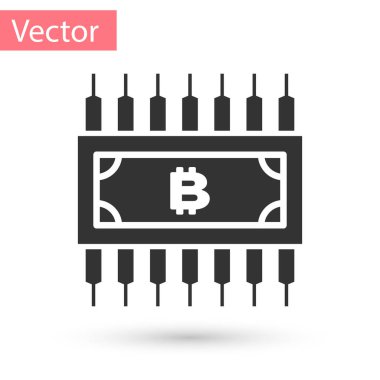 Cryptocurrency kavramı bitcoin daire içinde beyaz arka plan üzerinde izole mikroçip devre simgesi olan gri. Blockchain teknoloji, dijital para piyasası. Vektör çizim