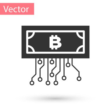 Cryptocurrency kavramı bitcoin daire içinde beyaz arka plan üzerinde izole mikroçip devre simgesi olan gri. Blockchain teknoloji, dijital para piyasası. Vektör çizim