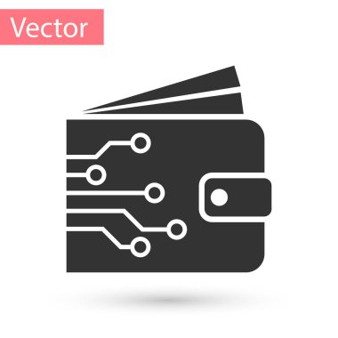 Gri Cryptocurrency cüzdan simgesi beyaz arka plan üzerinde izole. M-cüzdan ve bitcoin oturum açın. Araştırma kavramı. Ödeme, para, para simgesi. Vektör çizim