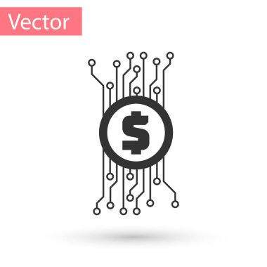 Cryptocurrency kavramı bitcoin daire içinde beyaz arka plan üzerinde izole mikroçip devre simgesi olan gri. Blockchain teknoloji, dijital para piyasası. Vektör çizim
