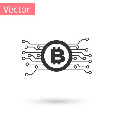 Cryptocurrency kavramı bitcoin daire içinde beyaz arka plan üzerinde izole mikroçip devre simgesi olan gri. Blockchain teknoloji, dijital para piyasası. Vektör çizim