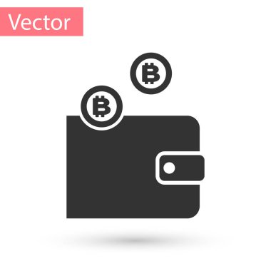 Gri Cryptocurrency cüzdan simgesi beyaz arka plan üzerinde izole. M-cüzdan ve bitcoin oturum açın. Araştırma kavramı. Ödeme, para, para simgesi. Vektör çizim