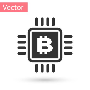 Beyaz arka plan üzerinde izole gri Cpu incelemesi çiftlik kutsal kişilerin resmi. Mikroçip içinde Bitcoin işareti. Cryptocurrency araştırma topluluk. Dijital para. Vektör çizim