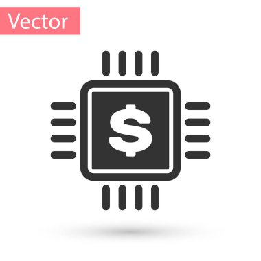 Beyaz arka plan üzerinde izole dolar simgesi olan gri işlemci yongası. CPU ve dolar işareti. Vektör çizim